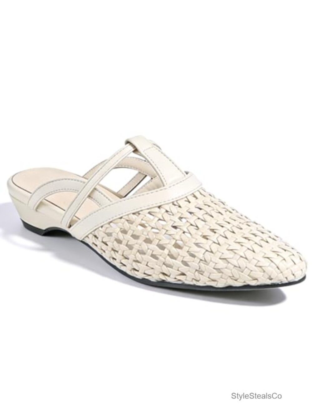 Hand-Woven Wicker Mesh Pointed Toe Low Wedge Mules